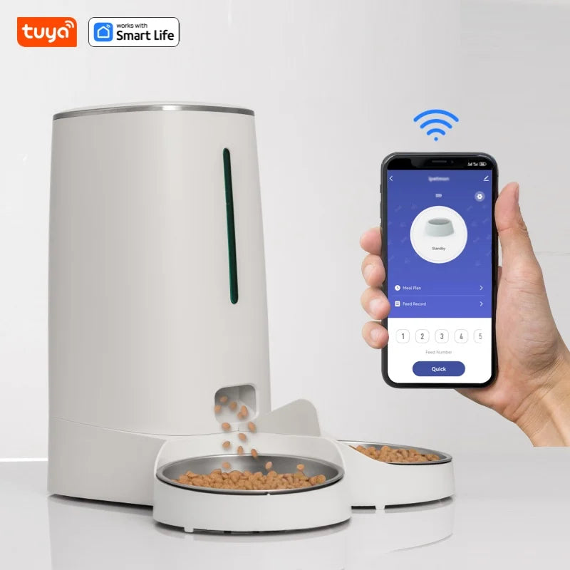 Wifi Automatic Cat Feeders for 2 Cats, 4L Cat Food Dispenser with APP Control, Double Stainless Steel Bowls, Low Food Alarms