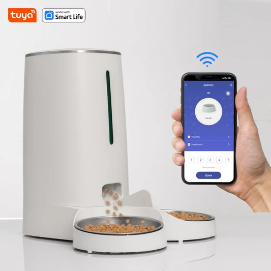 Wifi Automatic Cat Feeders for 2 Cats, 4L Cat Food Dispenser with APP Control, Double Stainless Steel Bowls, Low Food Alarms